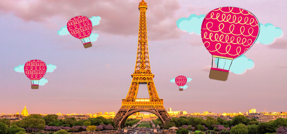 Hot air balloons over the Eiffel Tower